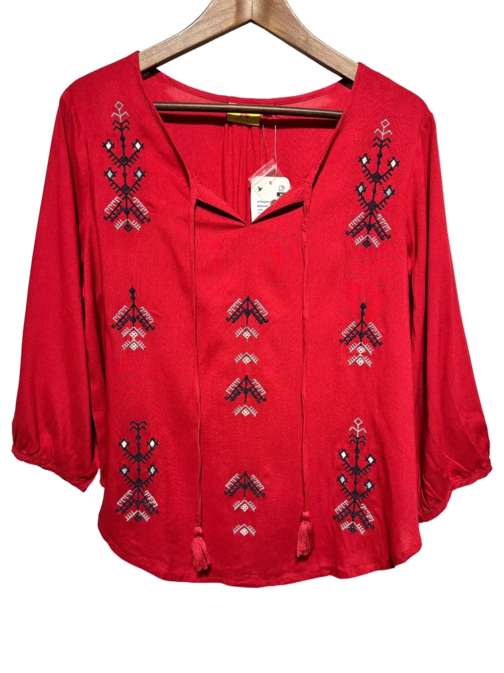 Women's Red Embroidered Peasant Blouse - Unbranded